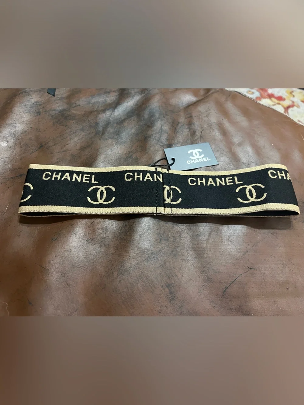 ⚫️ Double C Designer Spell Out Letter Logo Black Beige Stretch Headband